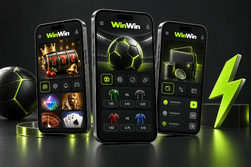winwin app features illustrated by sports, casino and wallet screens