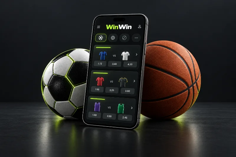 win win bet sports illustration with football, basketball and a mobile match list